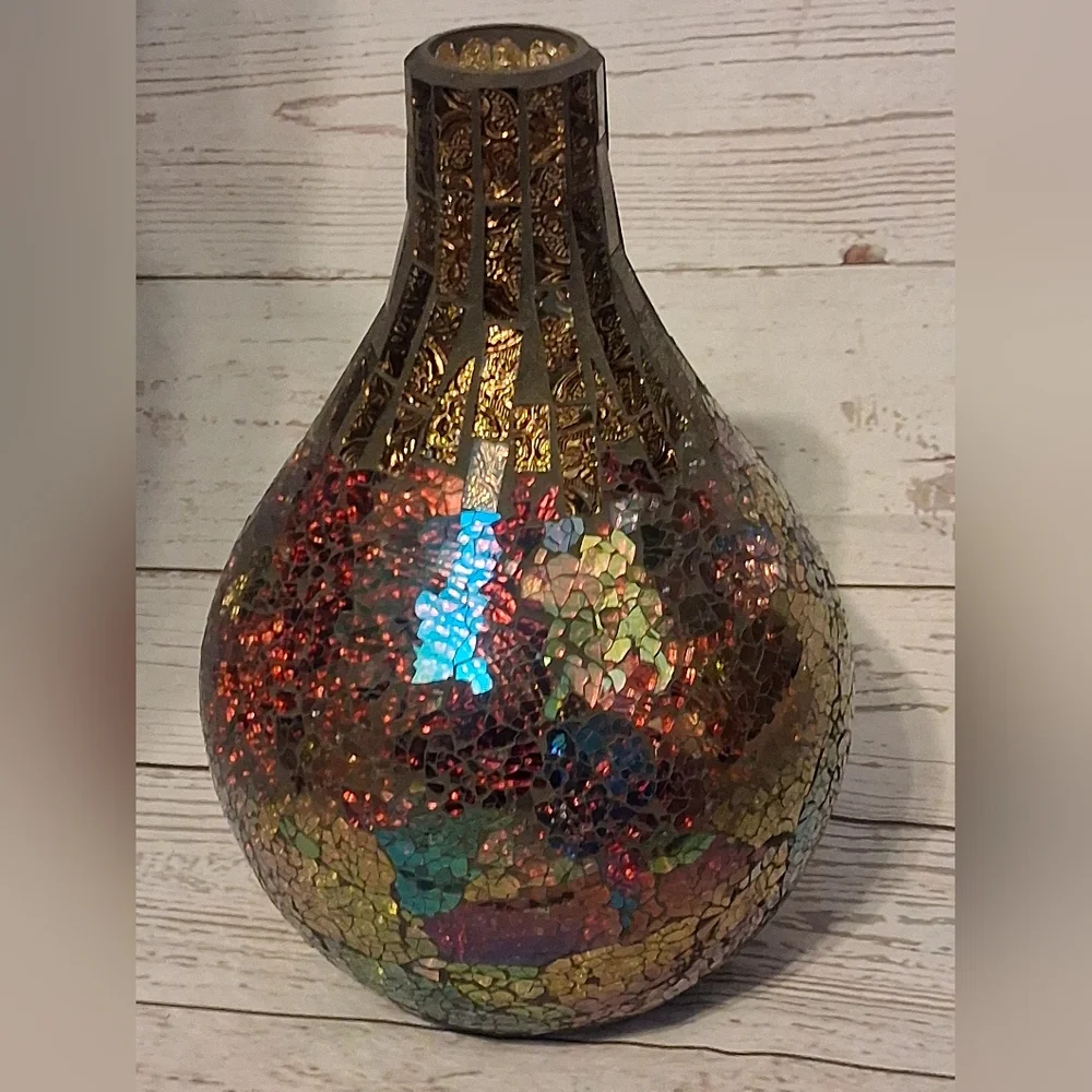 Iridescent Aurora Borealis Mosaic Vase Burgundy, Gold, Blue, Purple